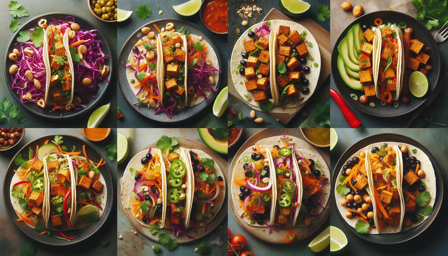 An array of images showcasing different variations of vegan slaw tacos. The first image features an Asian-inspired taco with vibrant slaw, marinated tofu, and garnishes like chopped peanuts and cilantro. The second image shows a Mexican-inspired taco with black beans, jalapeños, avocado slices, and lime wedges. The third image presents a fusion taco with colorful vegetables, crispy chickpeas, and a mango salsa topping. Each taco is beautifully plated and garnished, highlighting the diversity and creativity of vegan slaw taco variations.