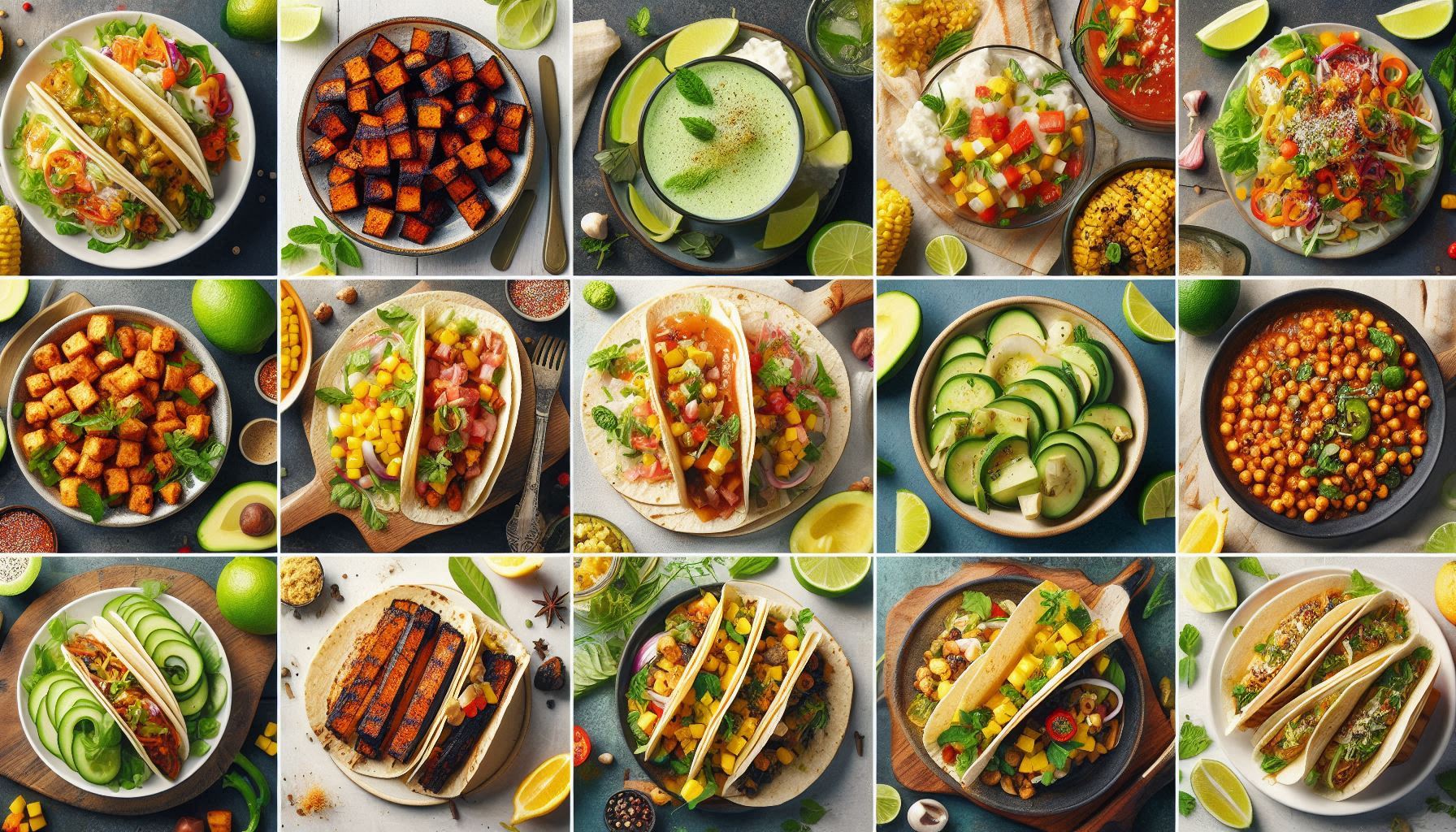 An inviting collage of images related to the "Related Articles and Recipes" section. The collage includes various vegan taco dishes, such as BBQ jackfruit tacos, spicy chickpea tacos with mango salsa, and grilled portobello mushroom tacos. Each image is vibrant and appetizing, showcasing the fresh ingredients and colorful garnishes. Additionally, there are images of recommended pairings like avocado lime crema, vegan Mexican street corn, and refreshing cucumber mint agua fresca. The overall composition should be visually appealing and showcase the variety and creativity in vegan cooking.