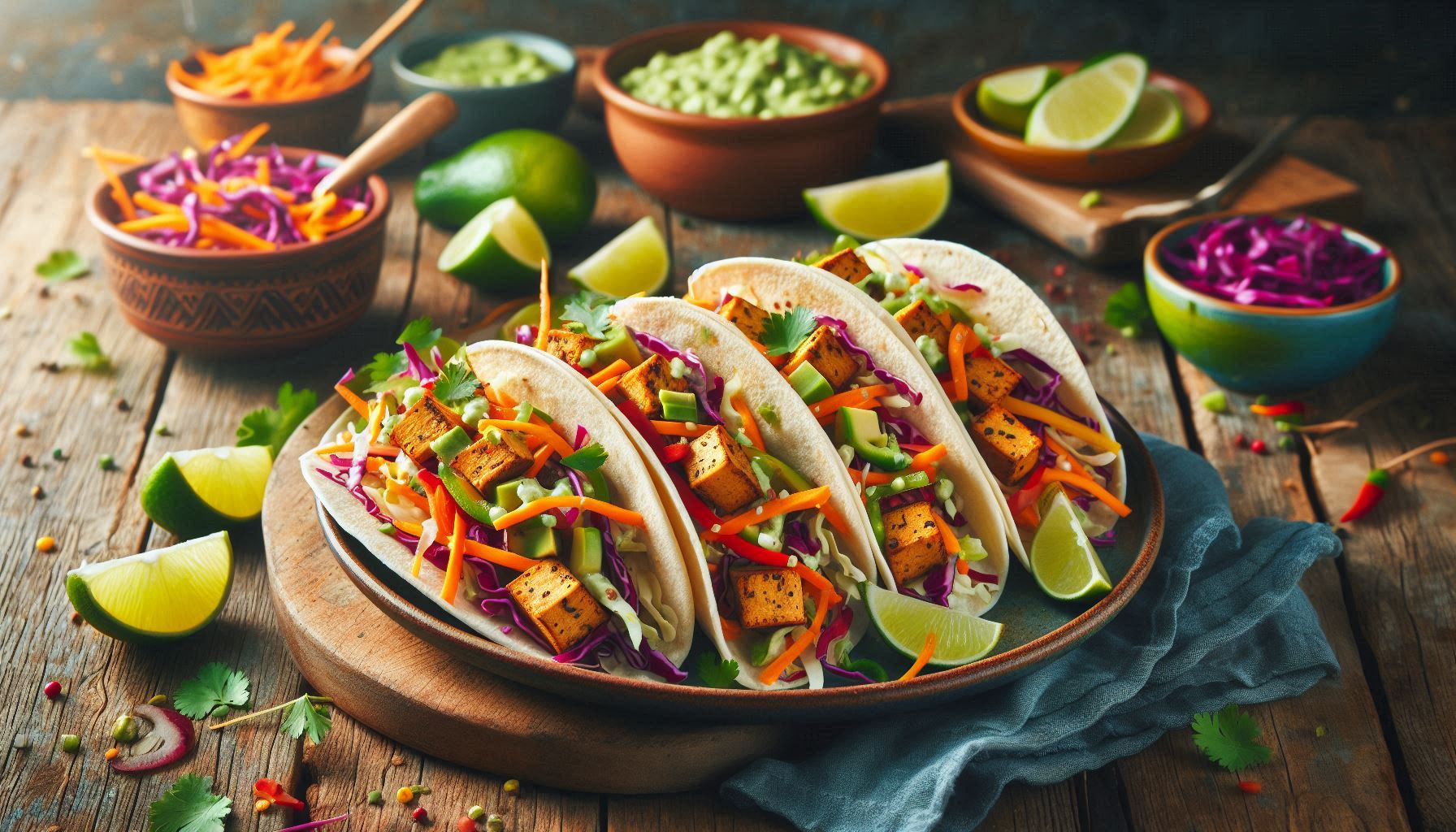 A captivating featured image for the blog post titled "Vegan Slaw Taco Recipe." The image should showcase an inviting and vibrant plate of vegan slaw tacos. Each taco is filled with colorful shredded cabbage, carrots, bell peppers, and marinated tofu, neatly assembled in soft corn tortillas. The tacos are garnished with fresh cilantro, lime wedges, and a drizzle of creamy avocado dressing. The background features a rustic wooden table with additional ingredients and a bowl of tangy dressing, emphasizing the freshness and appeal of the dish. The overall composition should be bright, colorful, and appetizing, drawing readers in to explore the recipe.