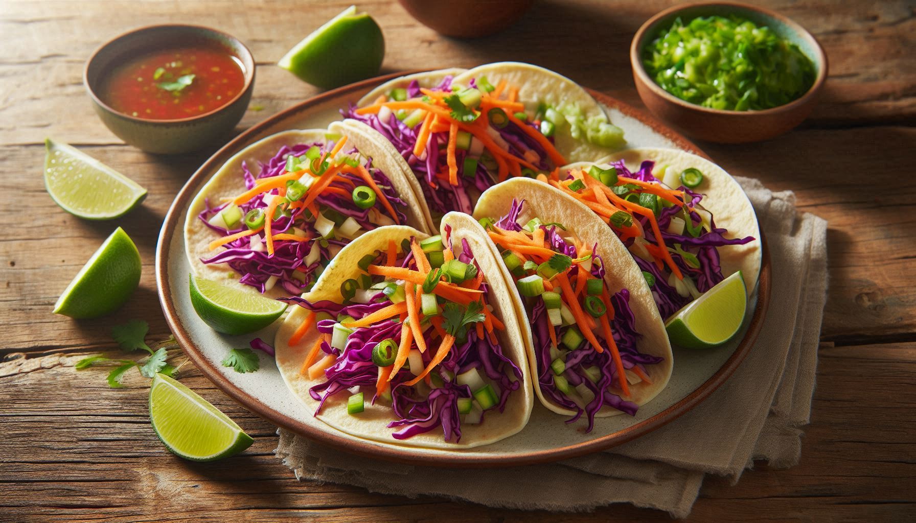 A vibrant and appetizing plate of vegan slaw tacos, featuring colorful shredded vegetables like purple cabbage, carrots, and green onions, neatly assembled in soft corn tortillas. The tacos are garnished with fresh cilantro and lime wedges, served on a rustic wooden table with a bowl of tangy dressing on the side. The image should capture the freshness, color, and appeal of the vegan slaw tacos, making them look delicious and inviting.