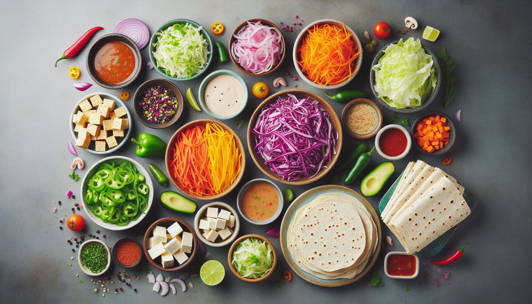 A vibrant and neatly arranged flat lay of all the ingredients needed for vegan slaw tacos. The image includes fresh vegetables such as shredded cabbage, julienned carrots, thinly sliced red onions, and chopped bell peppers, laid out in small bowls. Blocks of firm tofu and different types of tortillas (corn, flour, gluten-free) are displayed alongside a variety of sauces and dressings in small containers (vegan mayo-based dressing, vinaigrette, and sriracha sauce). The ingredi