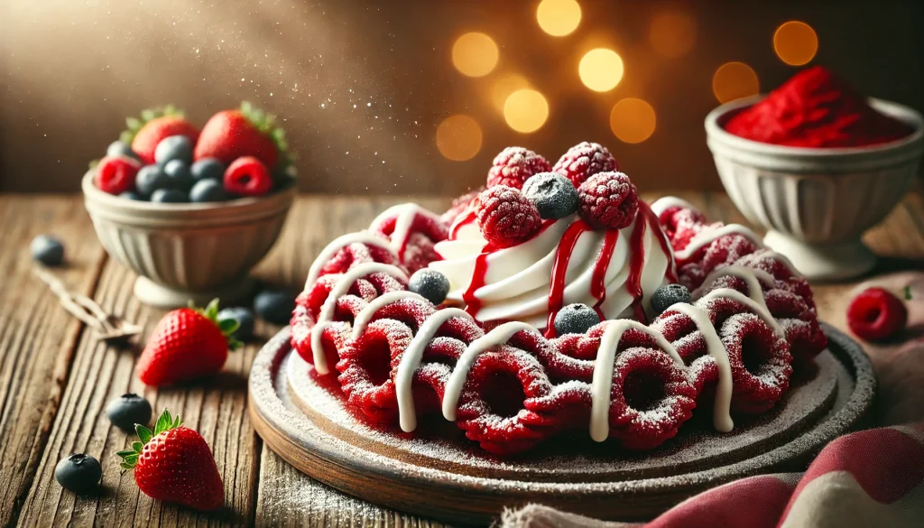 Close-up of red velvet funnel cake with powdered sugar and cream cheese icing on a rustic table, with fresh berries and a cozy background.