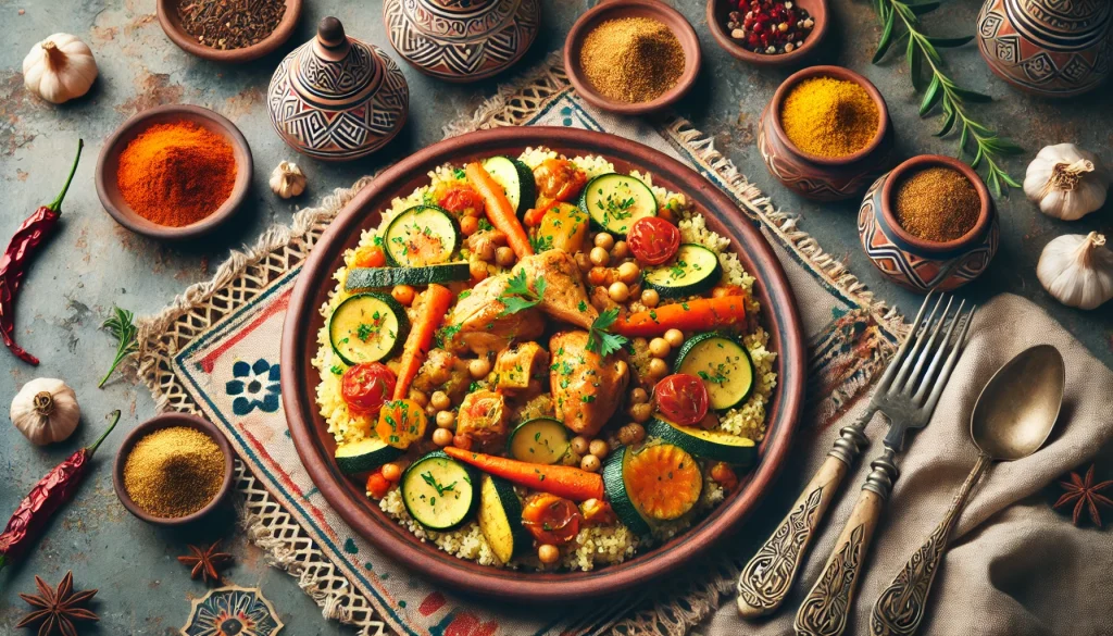 Traditional Moroccan chicken couscous dish served on a rustic table, featuring fluffy couscous topped with tender chicken, colorful vegetables like carrots, zucchini, and tomatoes, garnished with fresh herbs, surrounded by Moroccan-style ceramic plates and spices