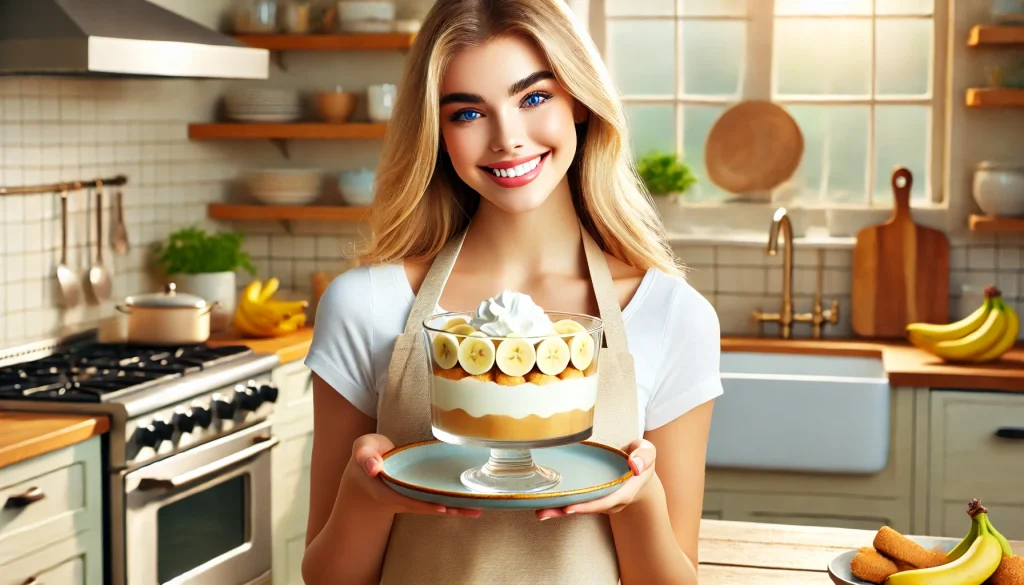 Amanda, a young American chef with blonde hair and blue eyes, presenting a glass dish of classic banana pudding in a modern kitchen