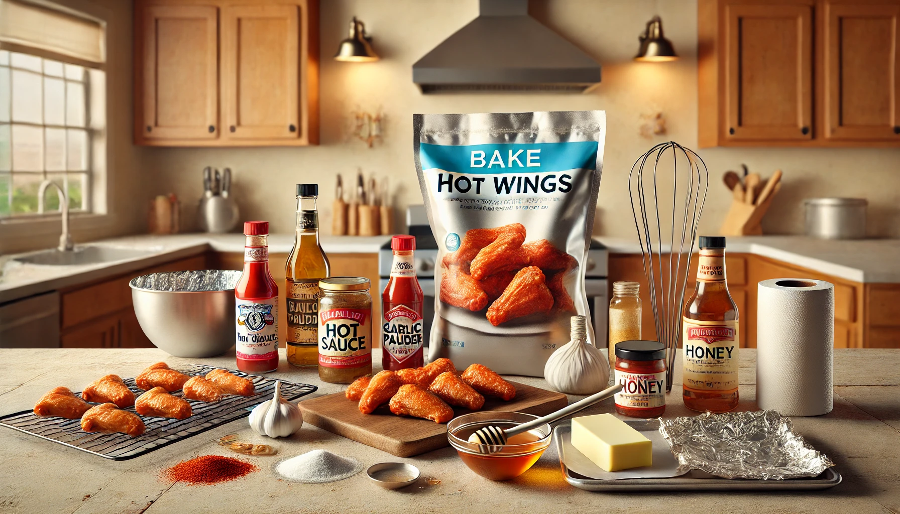 A clean and realistic image of a kitchen countertop setup featuring all the ingredients and tools needed to bake frozen hot wings, including frozen wings, hot sauce, spices, a baking sheet, wire rack, and more in a cozy kitchen setting.
