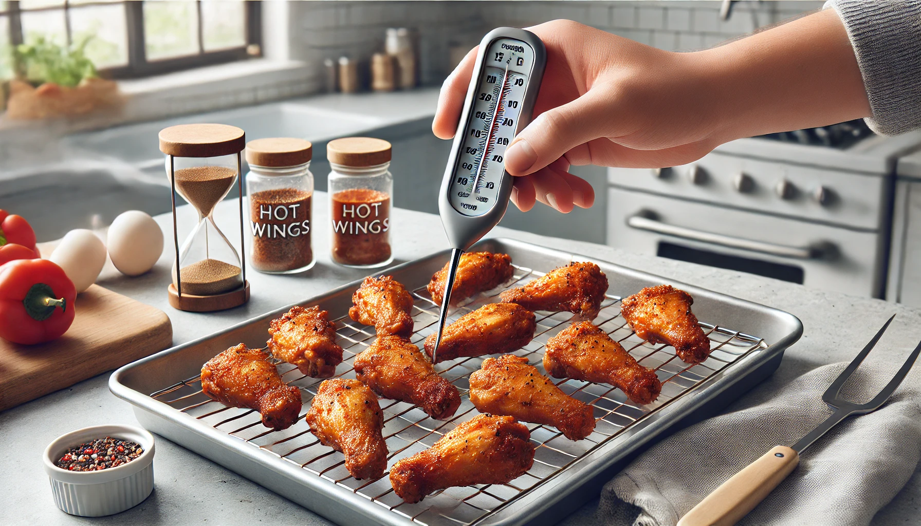 A clean and realistic image of baked hot wings being checked with a meat thermometer on a wire rack over a baking sheet, with golden brown wings in a tidy kitchen setting featuring seasoning jars and a timer.