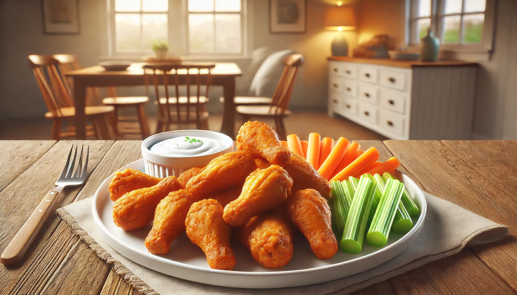A clean realistic image of a plate of freshly baked frozen hot wings served in a casual dining setting