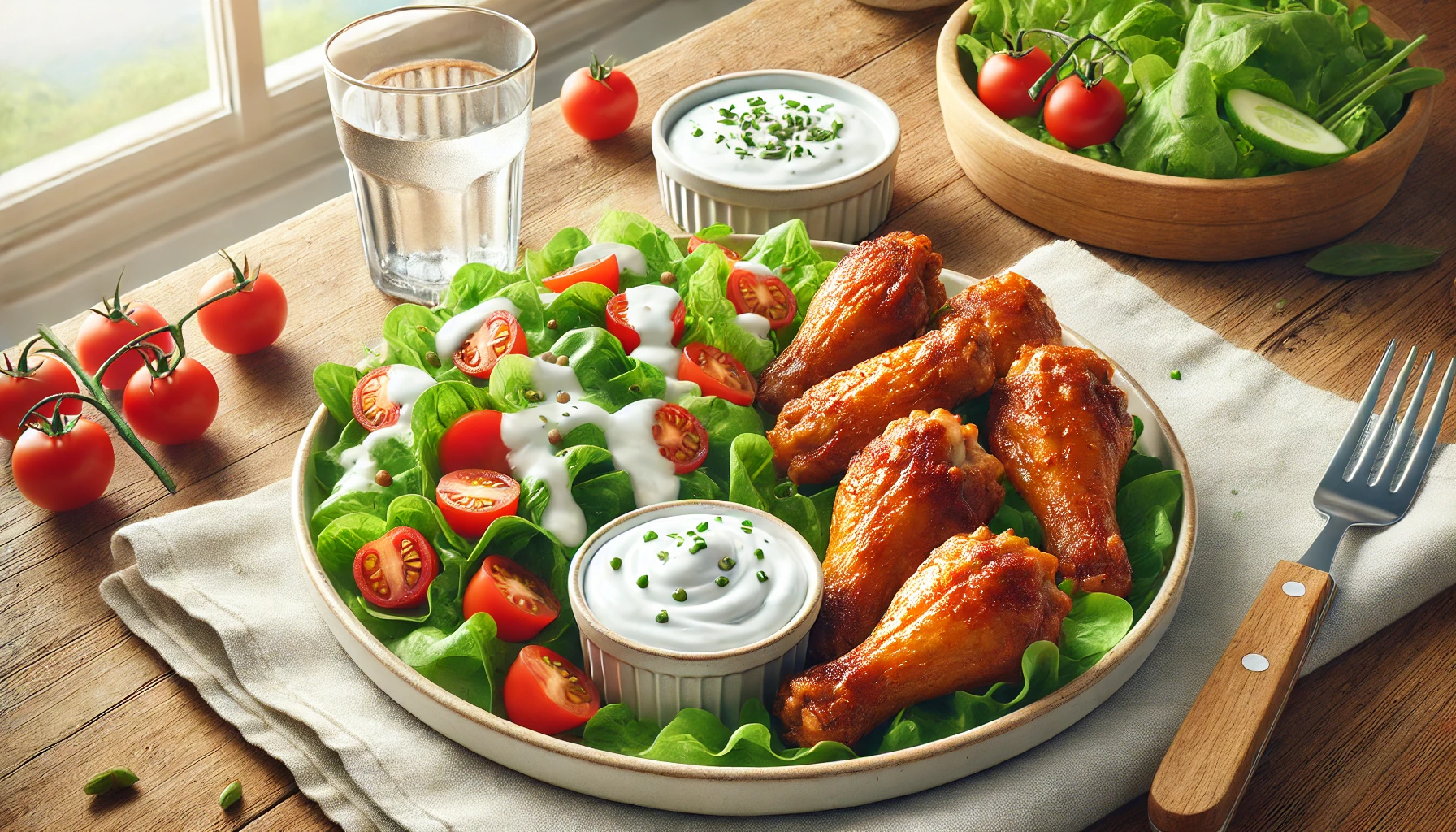 A clean and realistic image of baked hot wings served on a white plate with a fresh green salad featuring cherry tomatoes and a yogurt-based dipping sauce, set on a wooden table with a glass of water, presenting a healthy and balanced meal.