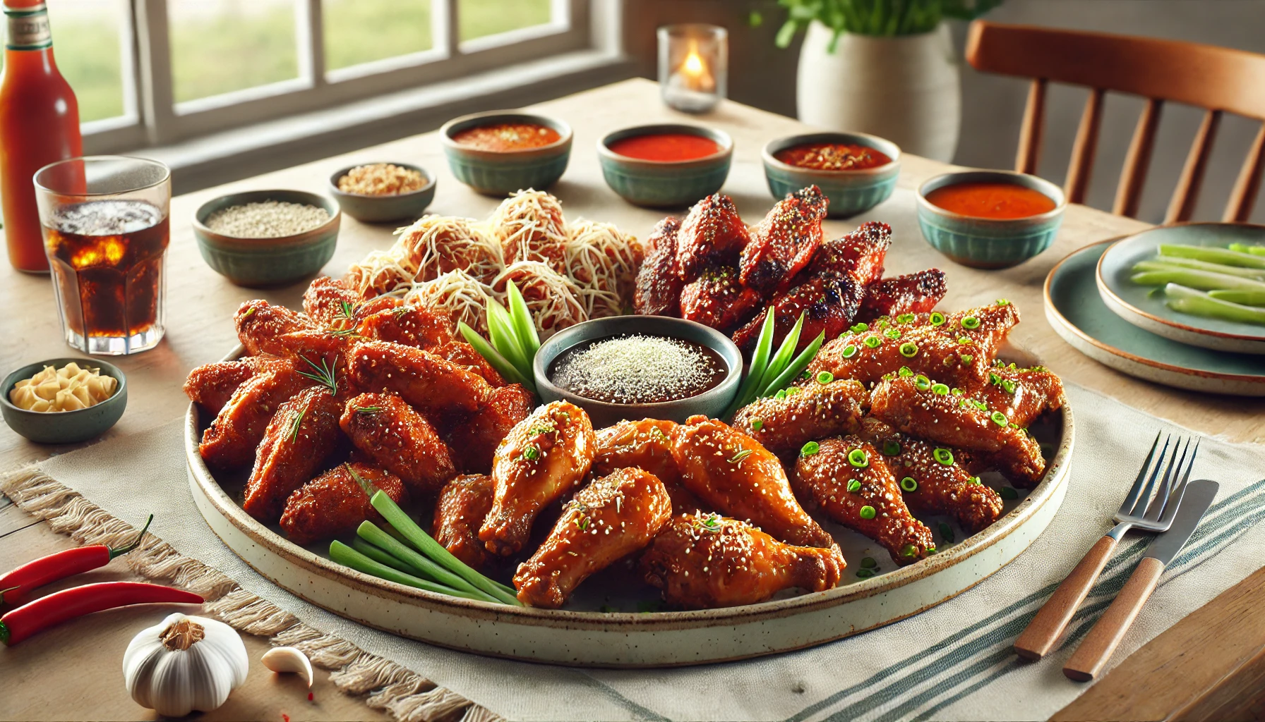A clean and realistic image of a serving platter showcasing a variety of baked hot wings, including classic hot wings, garlic parmesan wings with grated cheese, sweet and spicy wings with a honey glaze, and Asian-inspired wings garnished with sesame seeds and green onions, set on a cozy dining table.
