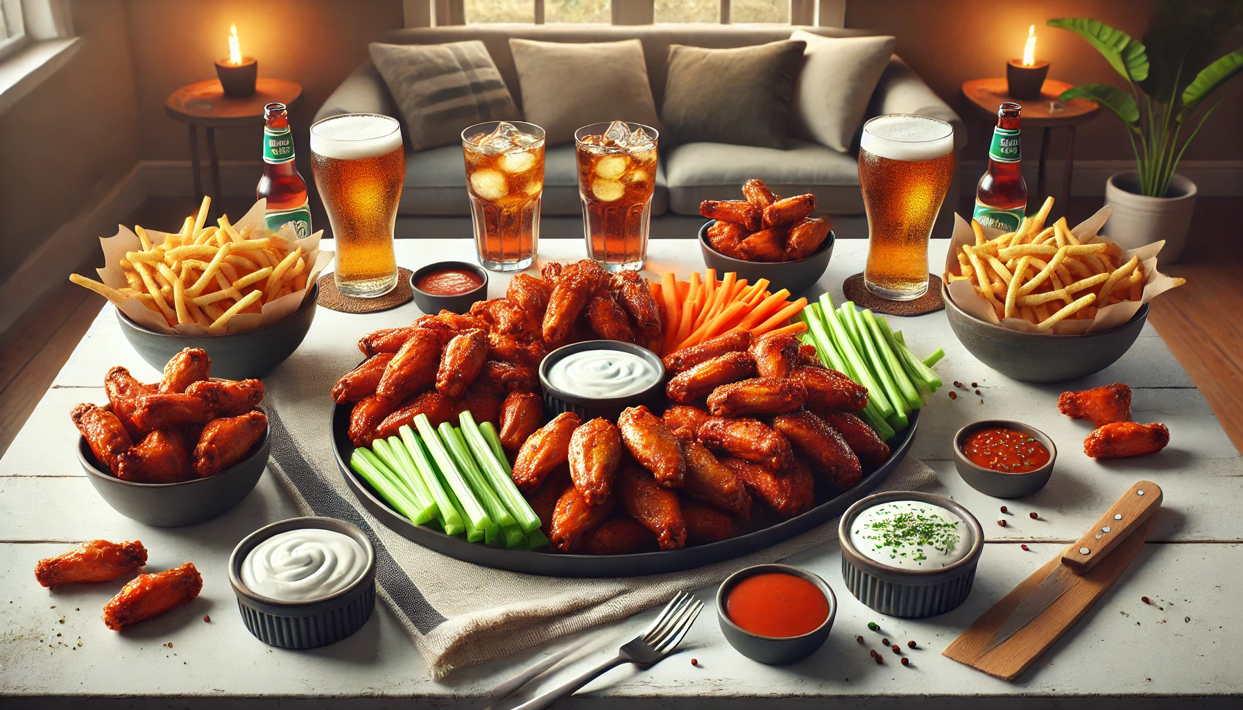 A clean and realistic image of a serving table set up for baked frozen hot wings with a variety of flavors, celery and carrot sticks, ranch and blue cheese dips, crispy fries, and drinks like iced tea and beer, creating a cozy game-day vibe.