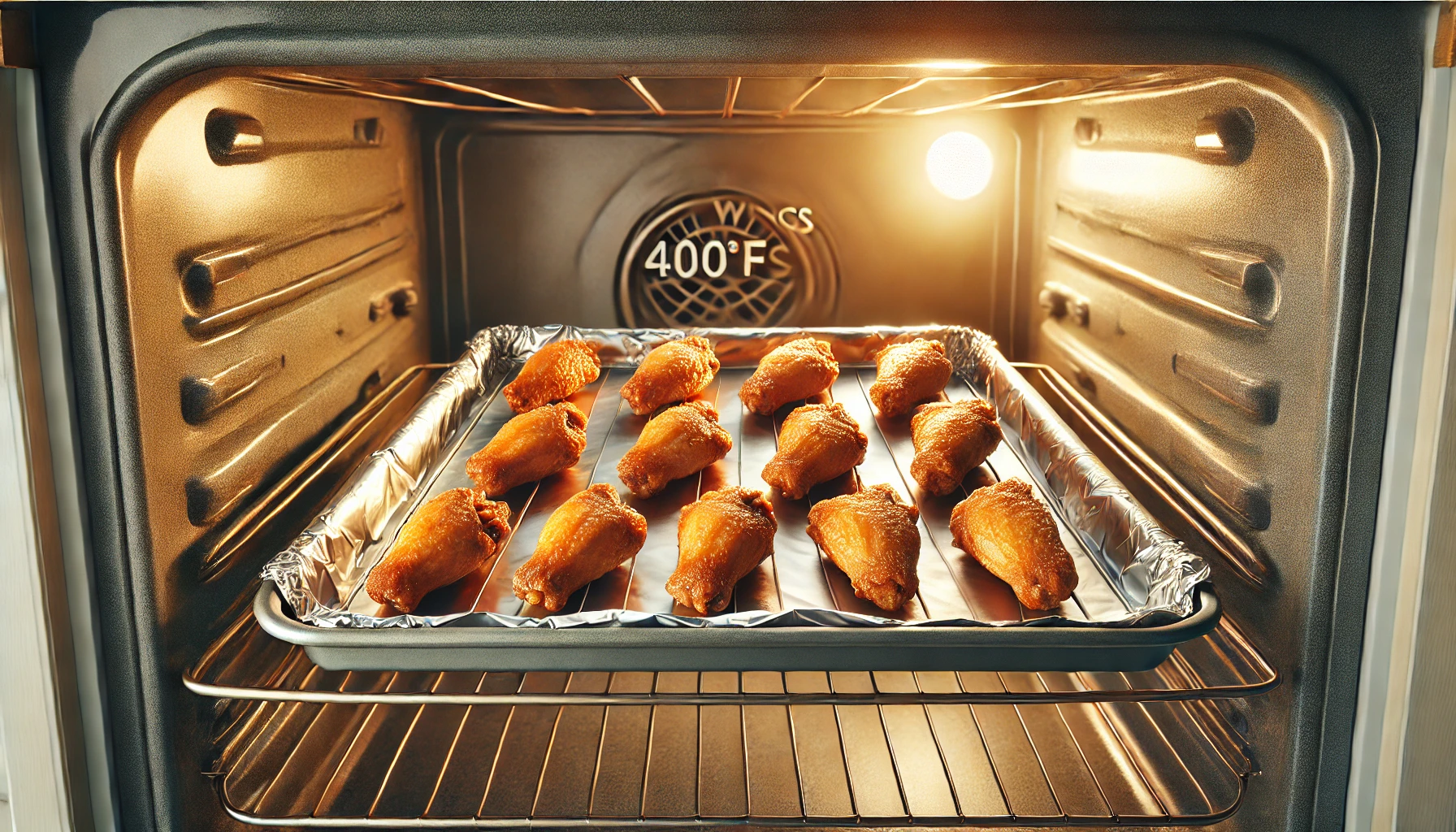 A clean and realistic image of frozen hot wings being baked in an oven, placed on a wire rack over a foil-lined baking sheet, with the oven preheated to 400°F. The wings are golden brown and crisping in a cozy kitchen setting.