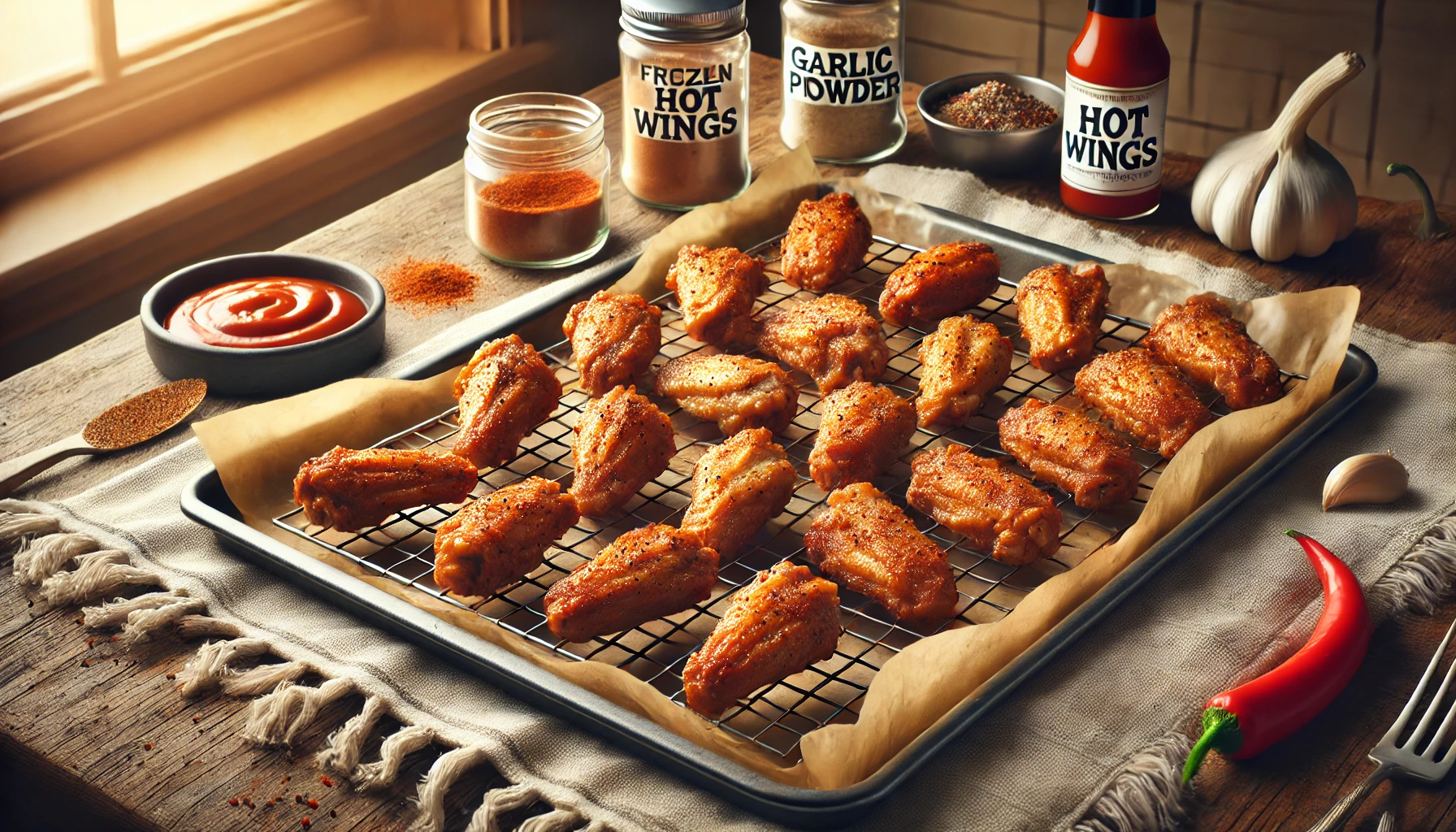 A clean and realistic image of perfectly baked frozen hot wings on a wire rack over a baking sheet, golden brown and crispy. Seasoning bottles and a bowl of hot sauce are visible on a kitchen counter in a warm, inviting setting.