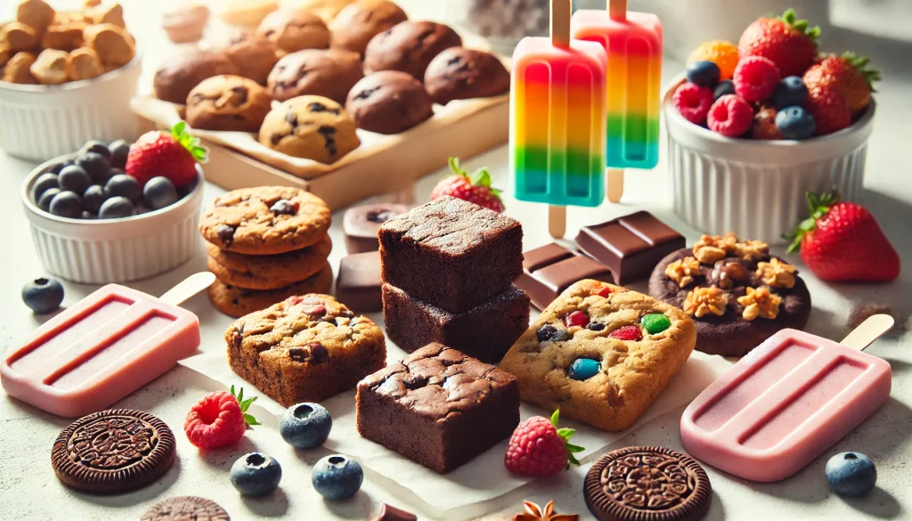 Close-up view of a variety of homemade sweet treats, including brownies, cookies, and colorful fruit popsicles, arranged on a white surface with soft natural lighting for an inviting look.