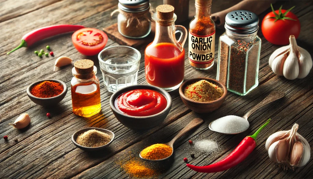 A close up image of taco sauce ingredients laid out on a rustic wooden table. Ingredients include a small bowl of tomato sauce vinegar in a small gla