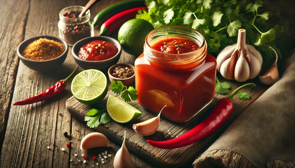 A close up scene of a jar of freshly prepared taco sauce surrounded by ingredients like lime wedges fresh cilantro roasted garlic cloves and chili