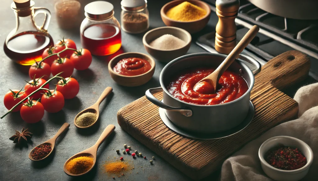 A cozy kitchen scene with a small saucepan on a stove showing taco sauce being stirred with a wooden spoon. Nearby are bowls of ingredients like spic