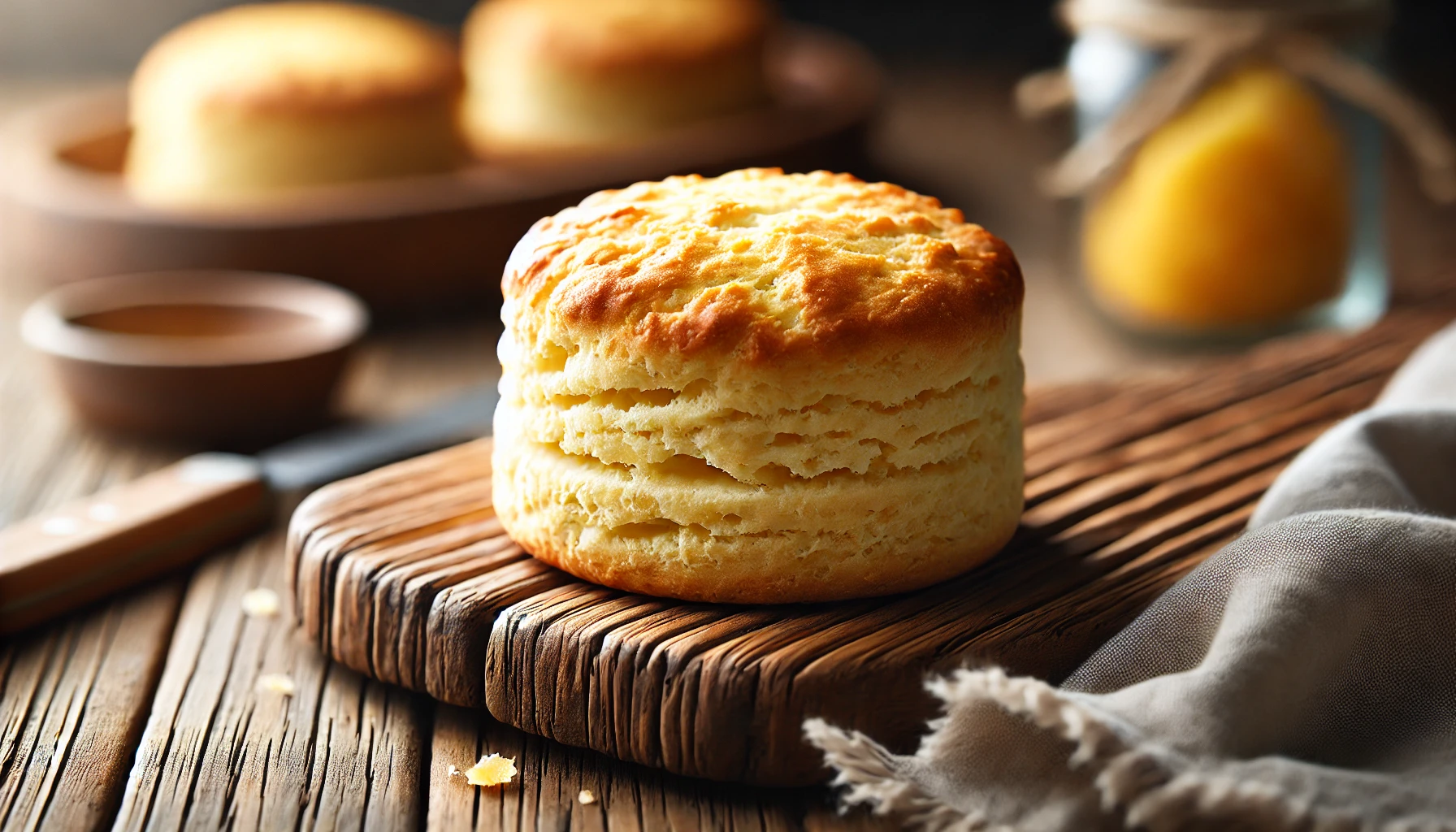 A close-up of a freshly baked biscuit, golden brown with flaky layers, resting on a rustic wooden surface, capturing its soft, tender interior and crispy top.