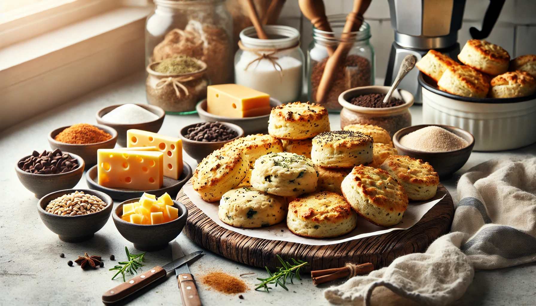 A variety of customized biscuits displayed on a wooden board, including savory biscuits with cheese and herbs, sweet biscuits with cinnamon and sugar, and healthy options with whole wheat flour. Small bowls of ingredients like cheese, herbs, and chocolate chips surround the board in a cozy, modern kitchen setting.