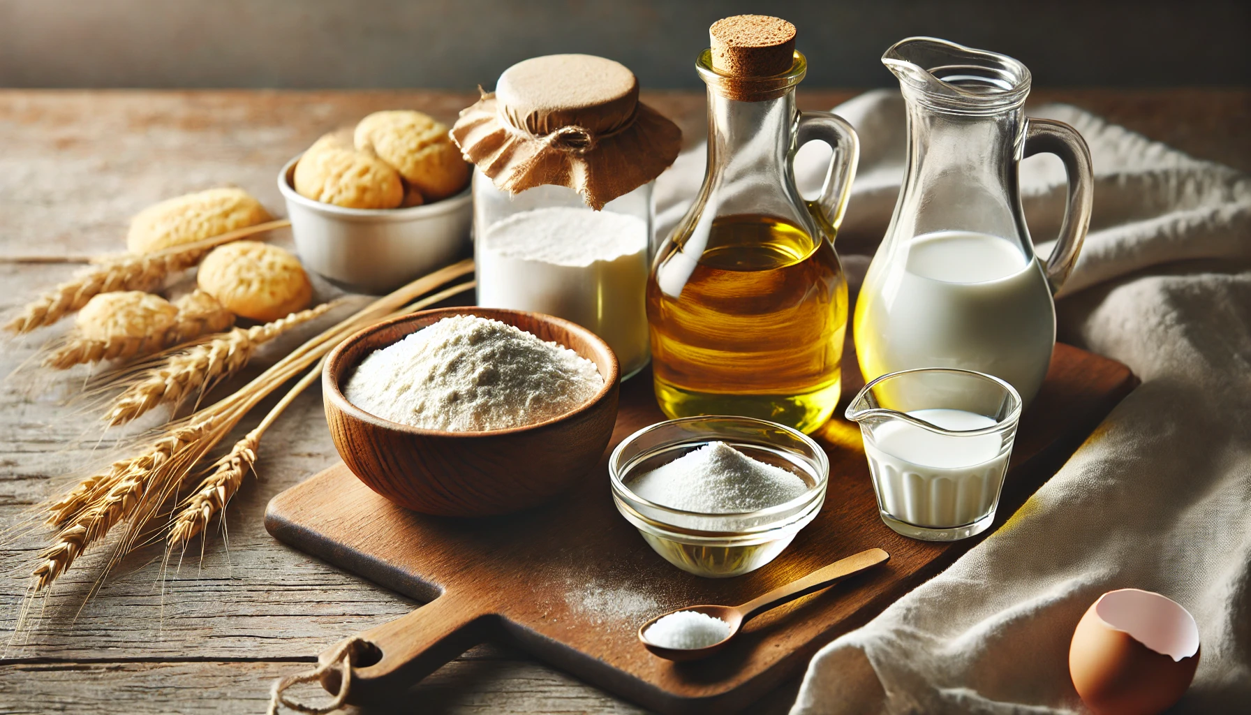 Ingredients for baking biscuits, including flour, vegetable oil, baking powder, salt, and milk, arranged on a rustic kitchen table.