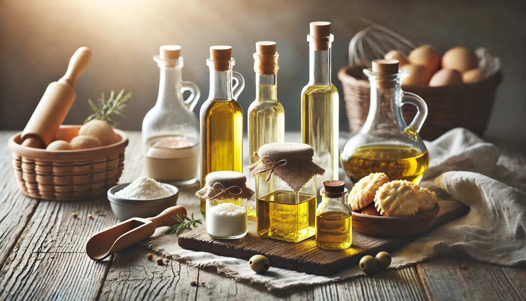 Various oils for baking, including vegetable oil, olive oil, and canola oil, displayed in glass bottles on a rustic wooden table.