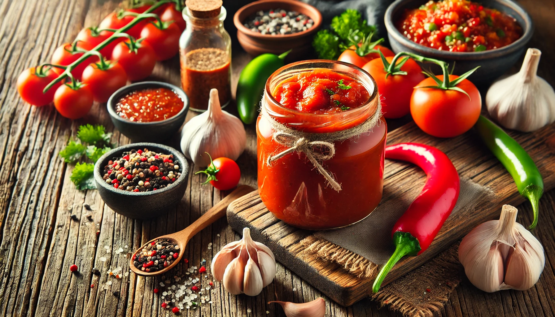 A vibrant and appetizing featured image showcasing homemade taco sauce in a glass jar, surrounded by fresh ingredients like tomatoes, chili peppers