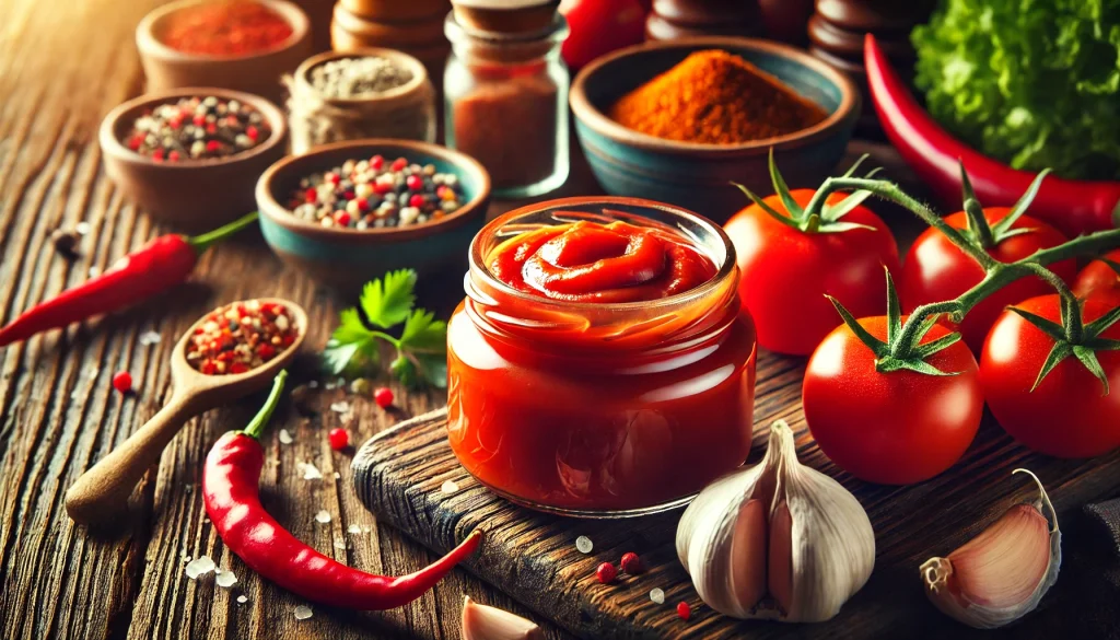 A vibrant close up image of a freshly made taco sauce in a small glass jar surrounded by fresh ingredients like tomatoes garlic chili peppers and