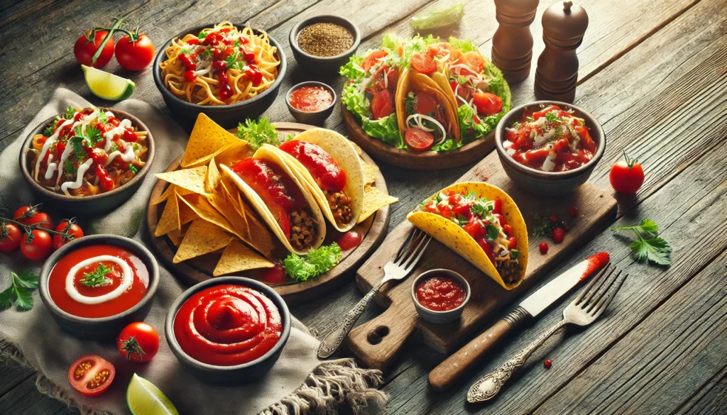 An appetizing image showcasing different dishes that use taco sauce including tacos nachos burrito bowls and a dipping sauce. The dishes are arran