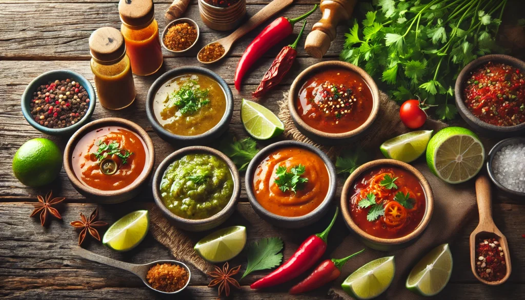 An image displaying different varieties of homemade taco sauces in small bowls each with a unique garnish to represent various flavors like lime wedg