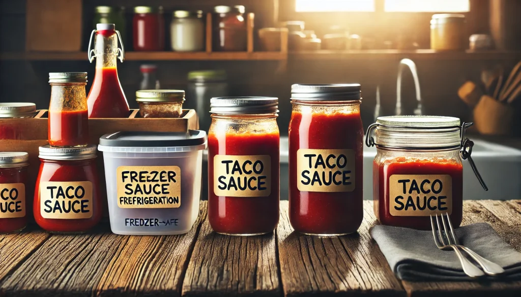 An organized kitchen scene showing taco sauce stored in different ways including a glass jar for refrigeration a freezer safe container and a canni