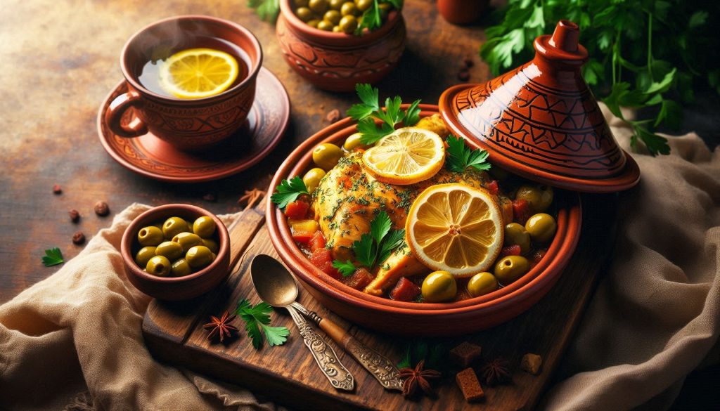 A warm and inviting scene showcasing a beautifully plated Moroccan chicken dish served in a traditional clay tagine. The dish is garnished with fresh parsley and slices of preserved lemon, with vibrant green olives scattered throughout. Surround the tagine with complementary elements: a bowl of fluffy couscous, fresh flatbread, small bowls of colorful spices (turmeric, paprika, cumin), and a steaming cup of Moroccan mint tea. The background is a rustic wooden table adorned with subtle Moroccan patterns and warm natural lighting, evoking a cozy, authentic dining experience.