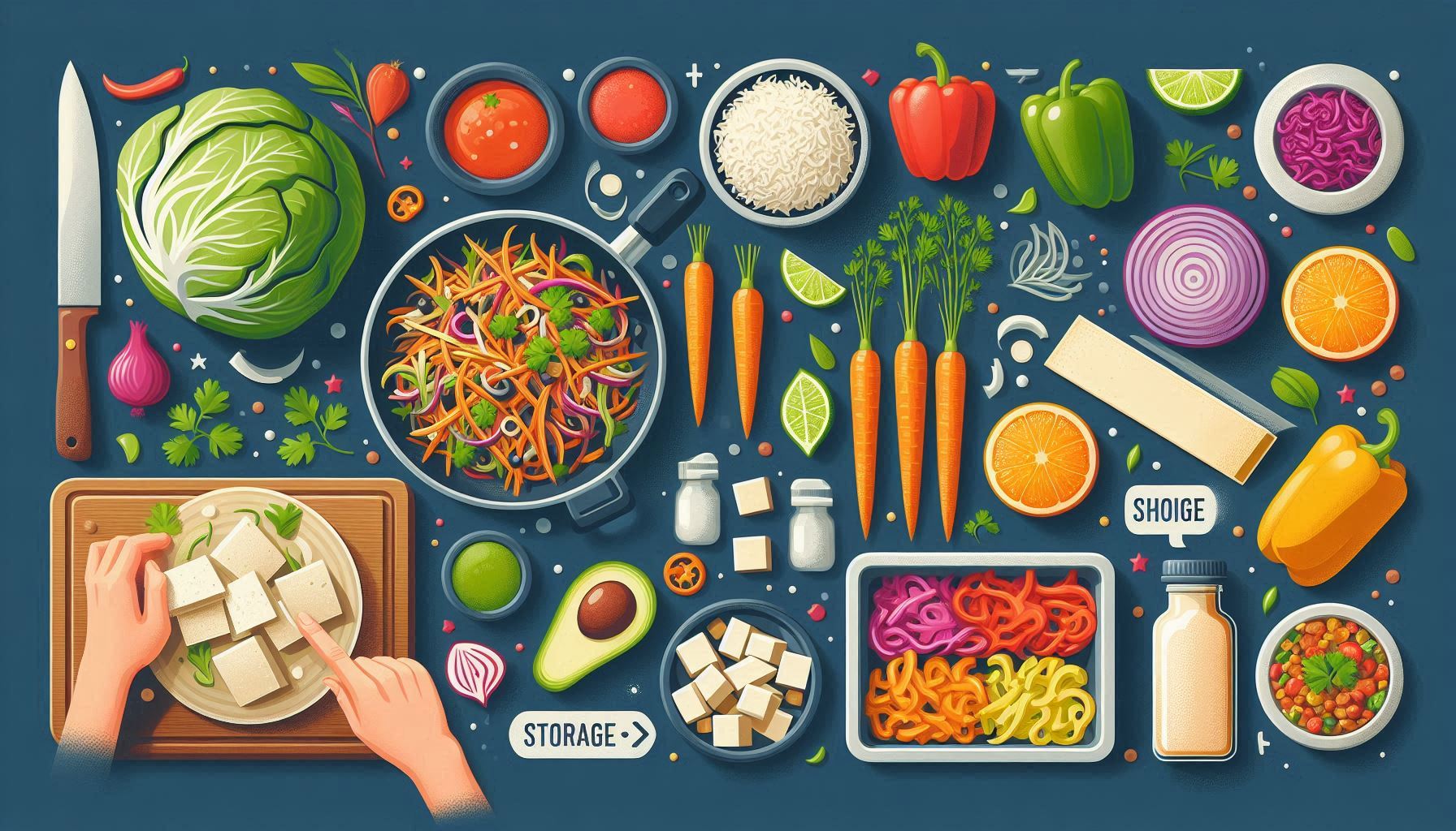 An engaging and visually appealing image that highlights various tips and tricks for making vegan slaw tacos. The image includes fresh vegetables arranged neatly, such as crisp cabbage, carrots, onions, and bell peppers. A segment shows marinated tofu cubes being sautéed in a pan. Another part of the image displays colorful taco fillings with garnishes like fresh cilantro, avocado slices, and lime wedges. Additionally, icons representing storage and meal prep tips