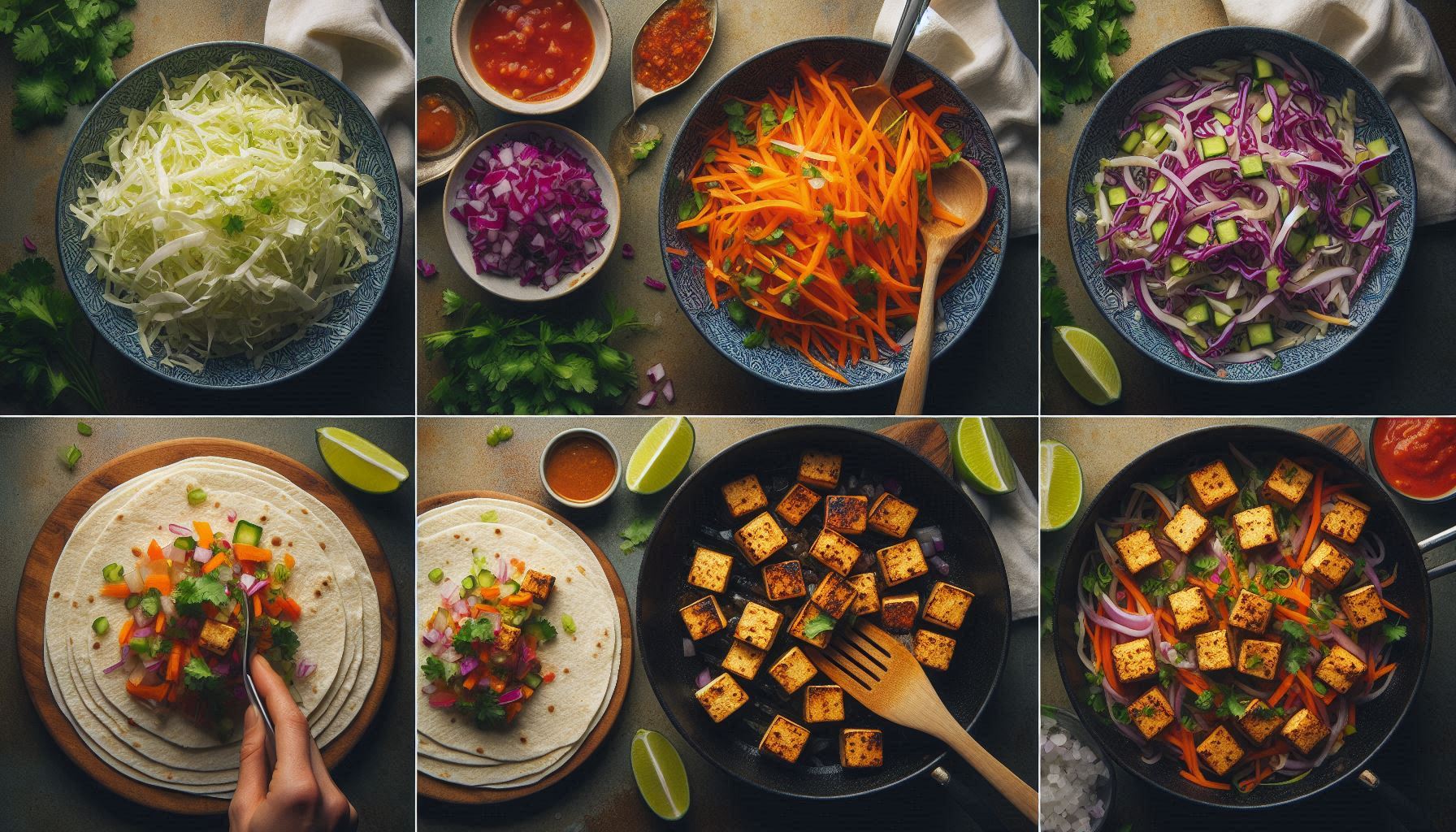 A series of images showing the step-by-step process of making vegan slaw tacos. The first image features a bowl of freshly shredded cabbage, julienned carrots, sliced red onions, and diced bell peppers, ready to be combined. The second image shows marinated tofu cubes being sautéed in a pan until golden brown. The third image displays a set of warm tortillas being filled with the dressed slaw and cooked tofu, garnished with fresh cilantro and lime wedges