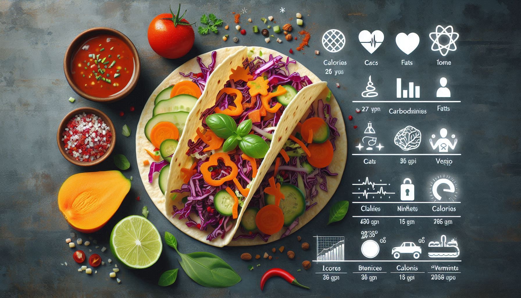 An appealing image showcasing the nutritional benefits of vegan slaw tacos. The image includes a beautifully plated vegan slaw taco with vibrant colors from the cabbage, carrots, and bell peppers. Beside the taco, there's a nutritional chart showing the macronutrients and micronutrients (calories, protein, carbohydrates, fats, vitamins, and minerals). Additionally, icons representing health benefits, such as a heart for cardiovascular health and a scale for weight management, are included. The overall layout should be clean, informative, and visually inviting.