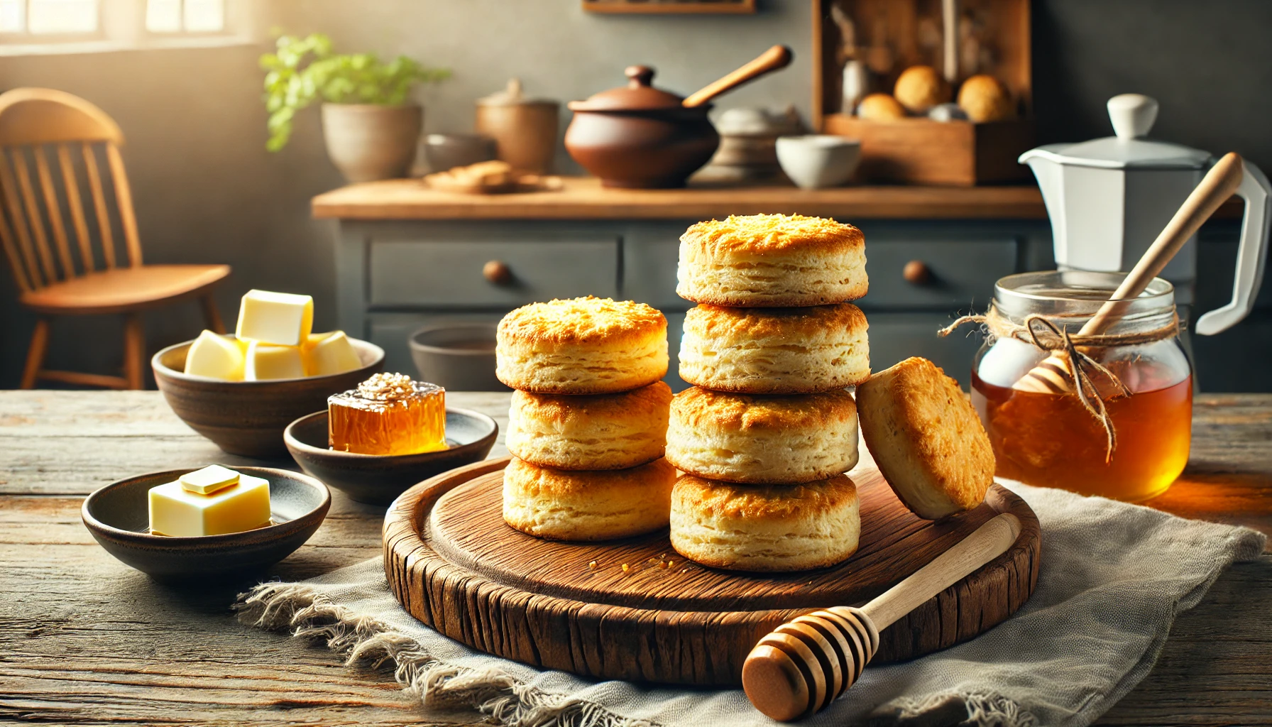 Golden-brown freshly baked biscuits stacked on a rustic wooden board, accompanied by small bowls of butter and honey in a cozy, modern kitchen with warm natural lighting.