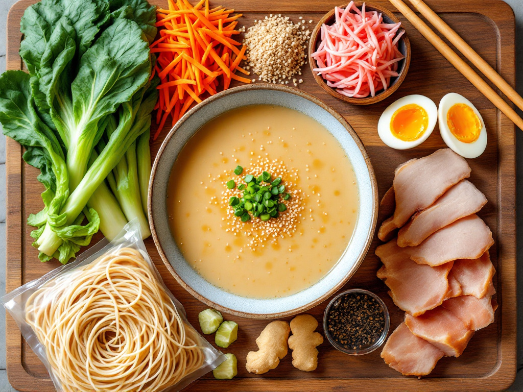 A flat lay of all the basic ingredients needed for the ramen recipe, including noodles, broth, protein, vegetables, and seasonings.