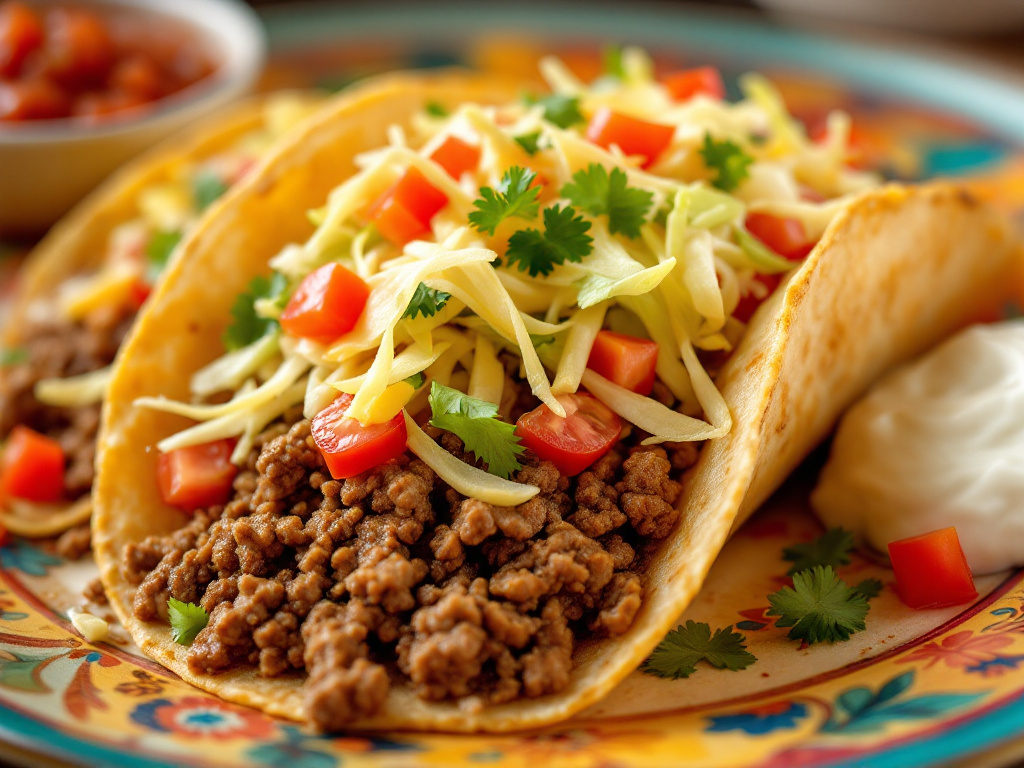 A close-up shot of a taco filled with seasoned ground beef, topped with shredded lettuce, diced tomatoes, and melted cheese, served on a colorful plate with a side of sour cream and salsa.