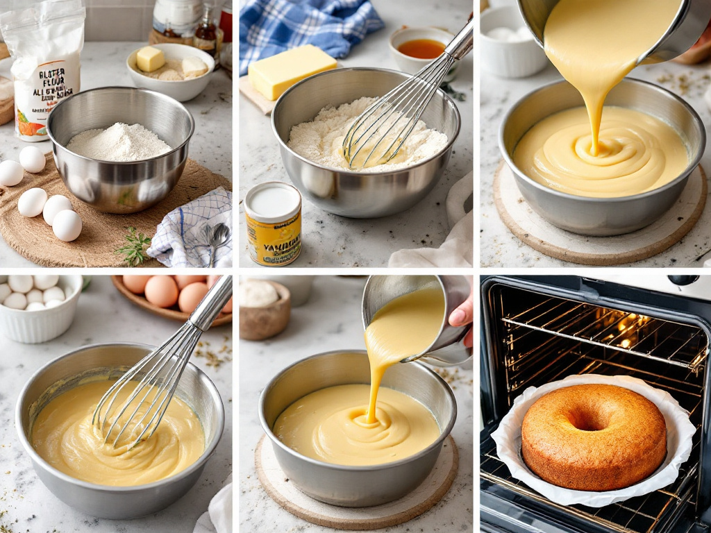 A series of step-by-step photos showing the process of mixing ingredients, pouring batter into pans, and the final baked cake.