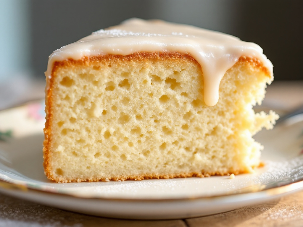 A close-up photo of a beautifully baked classic vanilla cake slice, showcasing its light and fluffy texture.