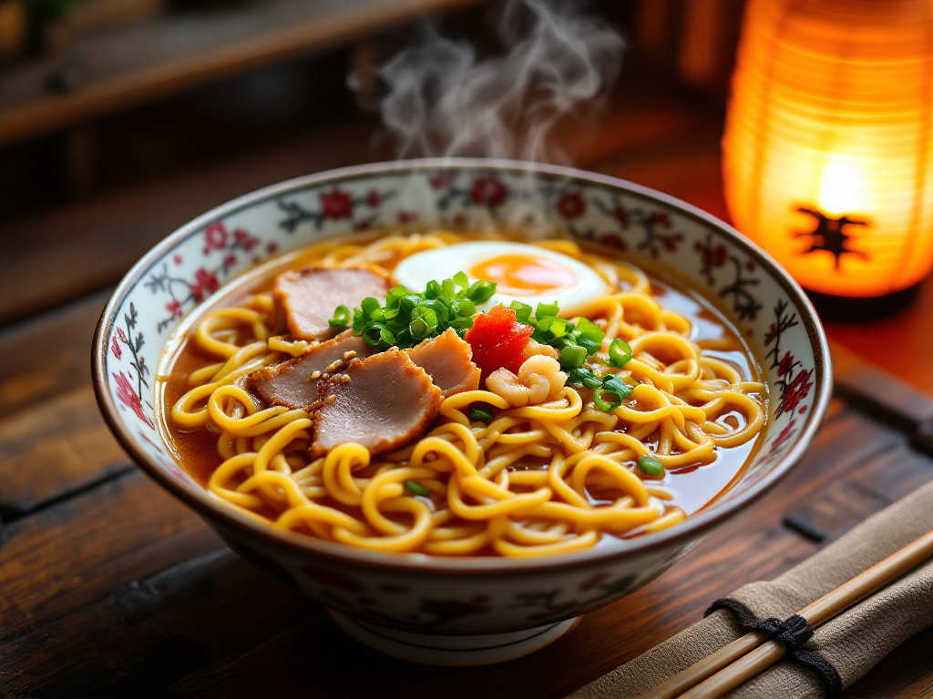 A final assembled ramen bowl, with the noodles, broth, and toppings all beautifully arranged, ready to be enjoyed.