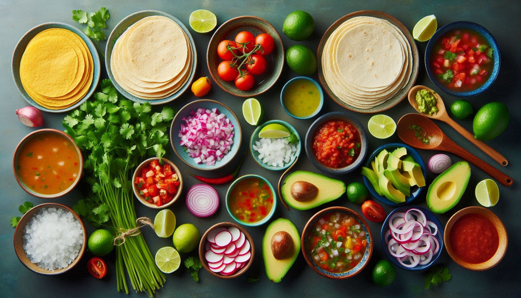 A colorful spread of taco assembly ingredients: corn tortillas, cilantro, onions, lime wedges, consommé, salsa, radishes, and avocado