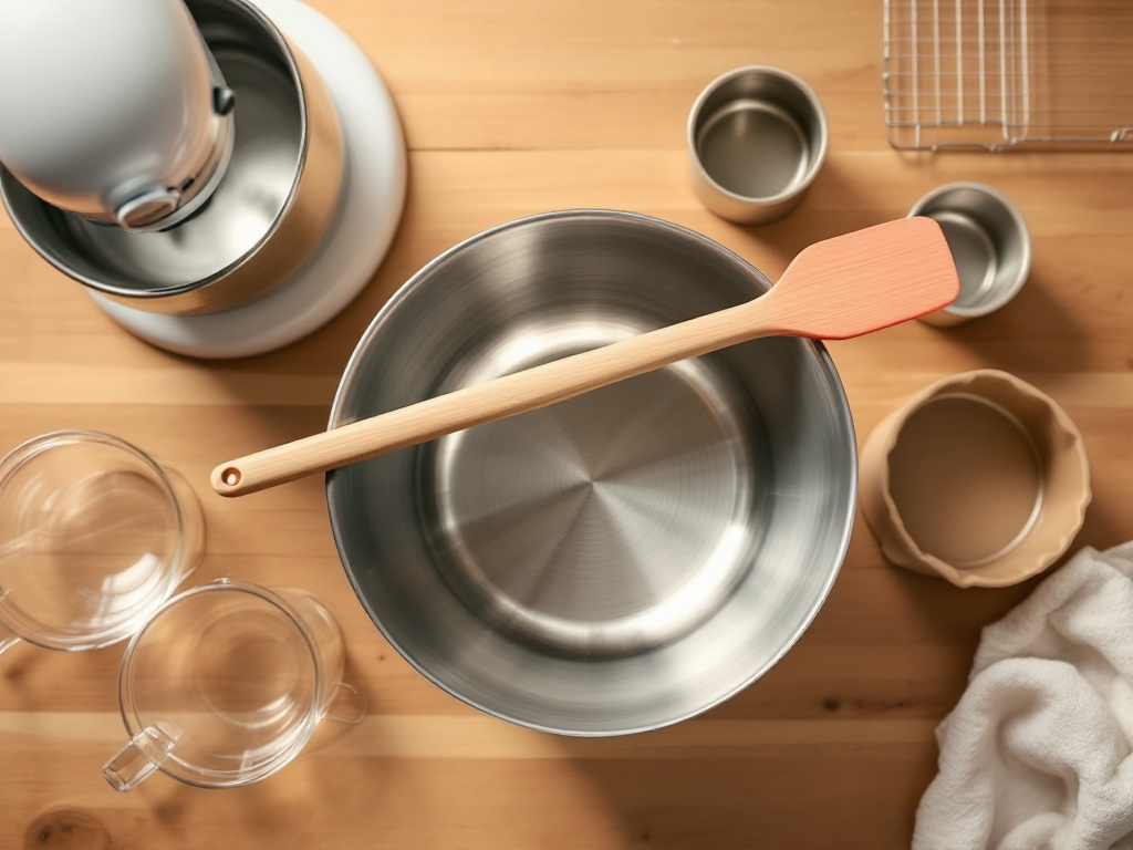 A flat lay photo featuring essential baking tools such as mixing bowls, measuring cups, an electric mixer, cake pans, a cooling rack, and a spatula. Caption: "Gather your essential baking tools to ensure a smooth and successful baking experience."