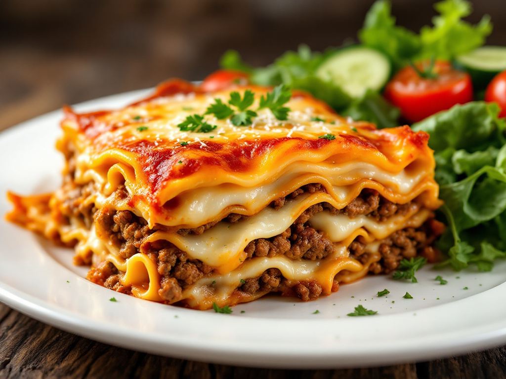 A slice of beef lasagna on a plate, showing layers of pasta, ground beef, ricotta cheese, and melted mozzarella, with a close-up shot of the bubbly cheese on top, served with a side salad.