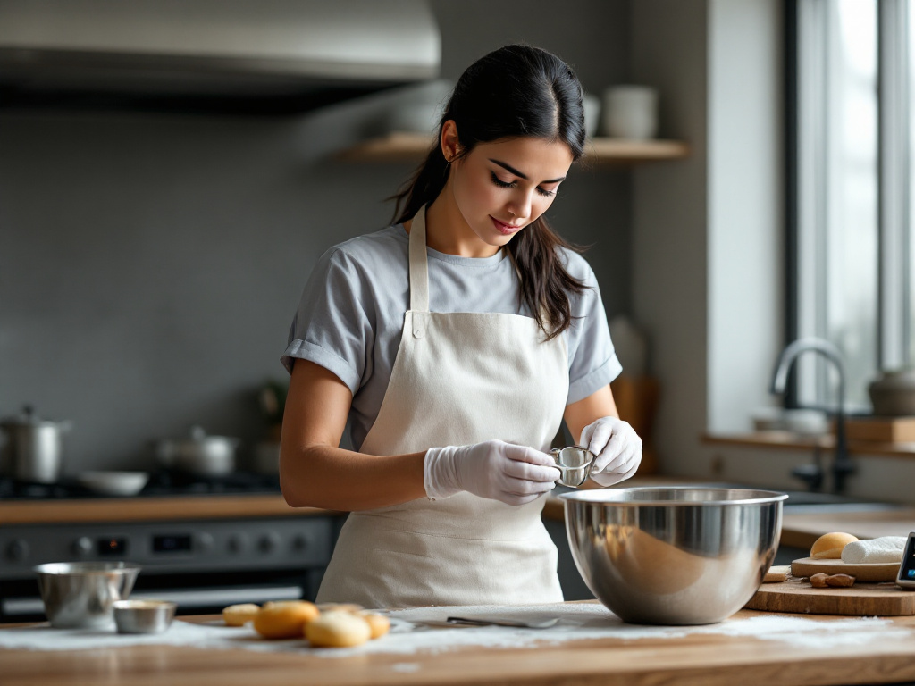 A photo of a baker carefully measuring ingredients with a set of measuring spoons and cups. The background should include a mixing bowl, a spatula, and a timer. The baker should be wearing an apron and have a focused, professional demeanor