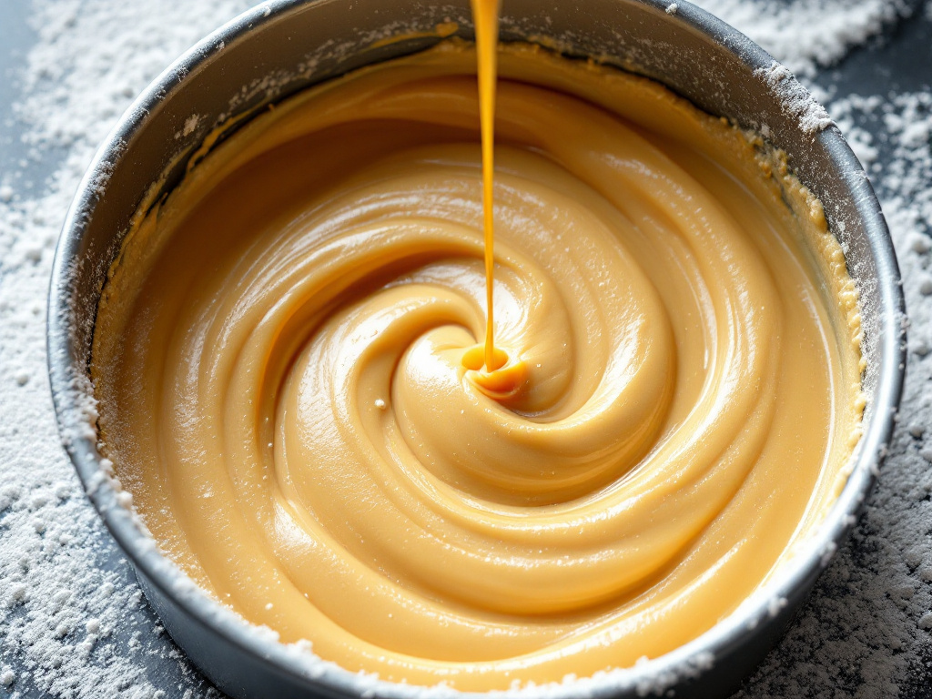 The batter poured into a greased and floured cake pan.