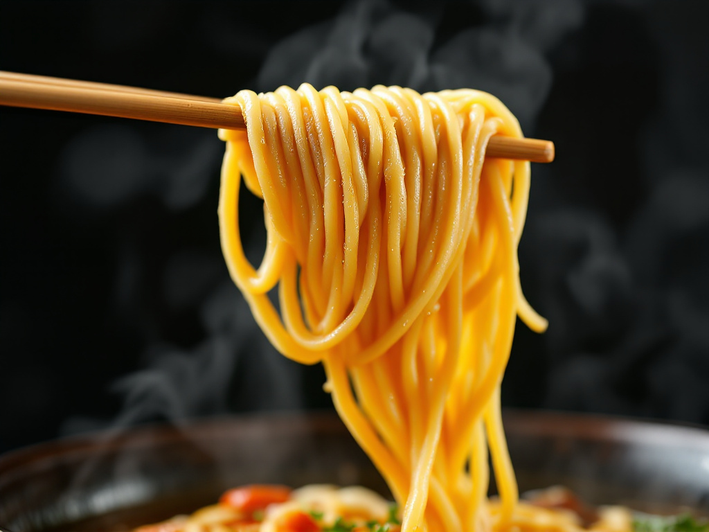 A close-up shot of ramen noodles being lifted from the bowl with chopsticks, highlighting their texture.