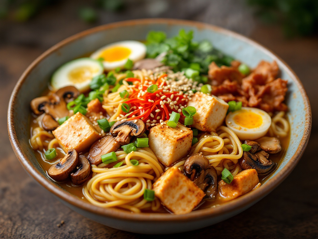 A bowl of vegetarian or vegan ramen, showcasing tofu, tempeh, or mushrooms as the protein source.