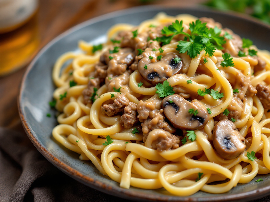 A plate of creamy beef stroganoff served over a bed of egg noodles, with chunks of ground beef and sliced mushrooms visible, garnished with a sprig of fresh parsley.