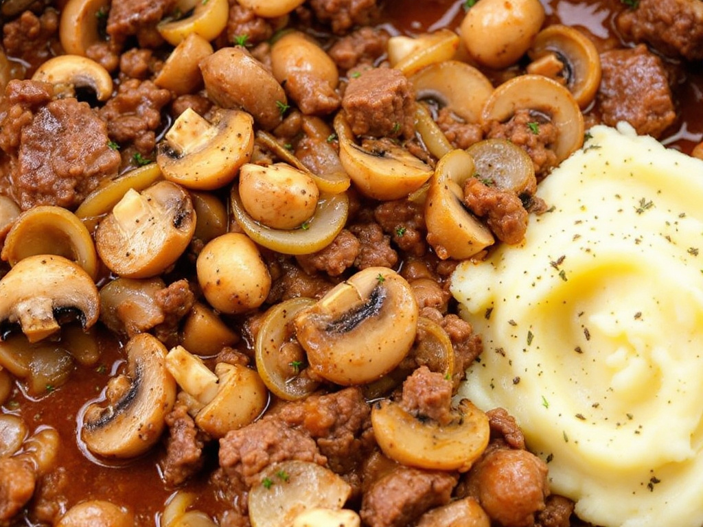 A cast-iron skillet filled with beef and mushroom skillet, with visible chunks of ground beef, sliced mushrooms, and diced onions, coated in a rich, savory sauce, served with a side of mashed potatoes.