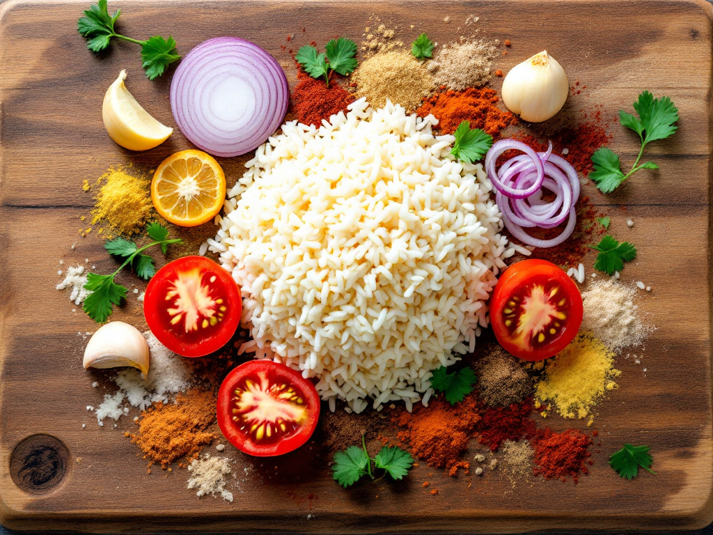 A flat lay photo of all the ingredients needed for the easy Mexican rice recipe, including rice, tomatoes, onions, garlic, and spices.