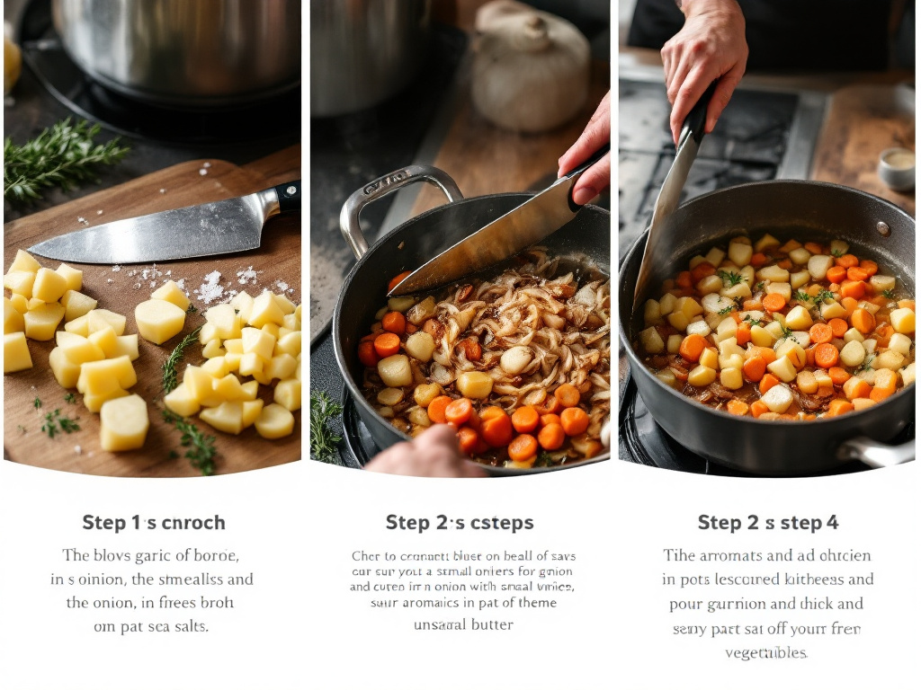 A step-by-step photo series showing the process of preparing the broth, from sautéing aromatics to simmering the broth.